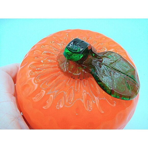 Vintage Murano Glass Orange Fruit Decor Stem Leaf Dimples Bright Orange 3x3" - Picture 12 of 12